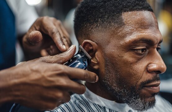 Precision Cut: An intimate moment in a barbershop, a skilled barber carefully uses electric clippers to shape the client's fresh haircut. Focus on detail, showing an up-close view. 