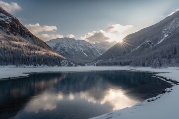 Winter Mountain Lake Scene with Scenic Reservoir