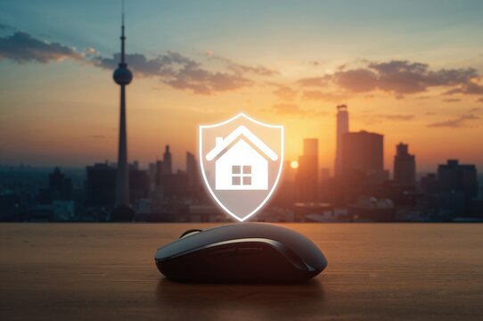 Wireless computer mouse with shield symbol on wooden surface, vintage style, concept of online home protection and business insurance during sunset