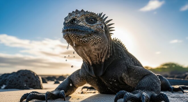 Marine Iguana Resting on a Sandy Beach Under the Sunlight - Powered by Adobe