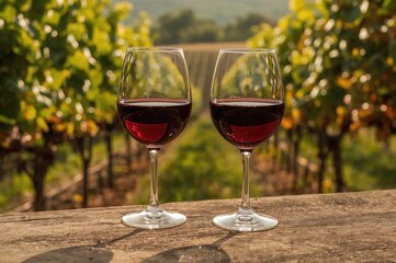 A pair of glasses filled with red wine