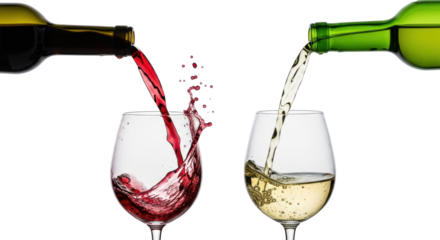 Dark red wine splashes into crystal glass next to white wine smoothly pouring into another, against a transparent studio background with copy space. Sophisticated wine selection and celebratory spirit