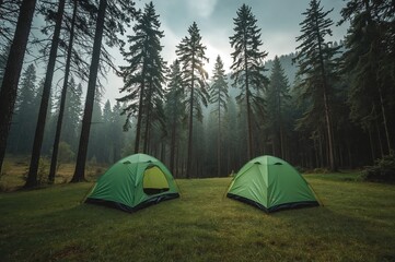 Two camping tents set up on a grassy clearing during a rainy day in the woods