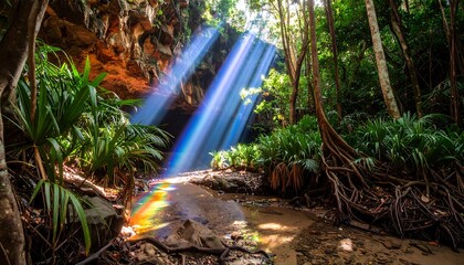 Sunlight Streaming Into Cave Through Tropical Forest Opening