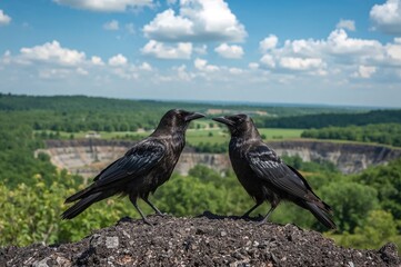 Naklejka premium Two crows conversing above a reclaimed mining area in the countryside.