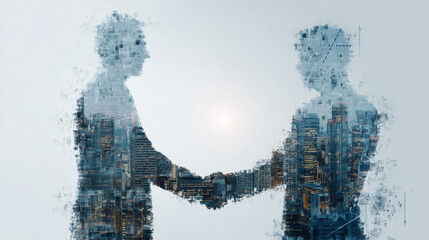 Business partnership handshake abstract cityscape background with skyscrapers and digital patterns representing teamwork and collaboration in a modern environment.