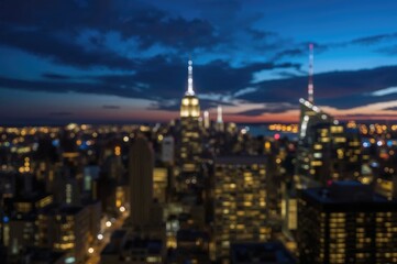 Nighttime blurred city skyline with bokeh effect captured at twilight using a wide-angle lens, focusing on the downtown area