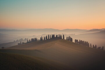 Naklejka premium Foggy sunrise over rural farmland at dawn