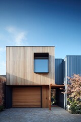 Modern wooden house with sleek design and large window on a sunny day in a residential area showcasing contemporary architecture and inviting entrance