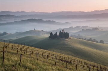 Fototapeta premium Foggy dawn over rural hills in April