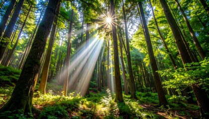 Sunlight Streaming Through Forest Trees Green Canopy in Summer