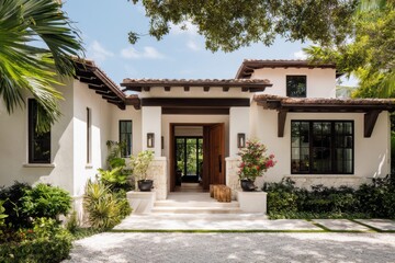 Fototapeta premium This contemporary tropical residence boasts an exquisite design paired with vibrant landscaping, all nestled within a sunny and charming residential neighborhood