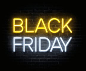 Black Friday neon sign on a brick wall