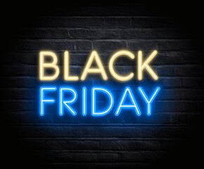 Obraz premium Black Friday neon sign on a dark brick wall.