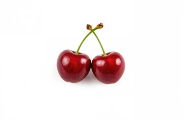 Twin cherries shaped like a heart on a plain white backdrop. Symbol of affection.