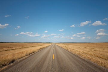 Naklejka premium Two-lane paved highway extends directly toward the distant horizon, flanked by dry grassy fields on each side