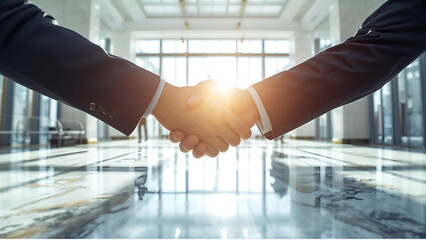 Business Partnership Handshake in Office Lobby