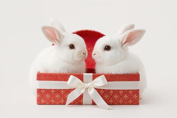 Two white rabbits inside a red present box