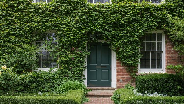 Historic building facade adorned with dense green creeping ivy over a brick exterior and wooden panel door. - Powered by Adobe