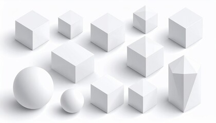 Isometric shapes of different sizes, cubes, spheres, and polygons rendered in white color