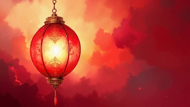 Red lantern glowing against a vibrant red cloud background for Lunar New Year  