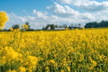 Fototapeta premium Bright Yellow Blossoms Blooming Across Rural Farmland on a Sunny, Warm Sunday