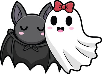 Cute Bat and Ghost Friends – Happy Halloween Cartoon Vector Illustration