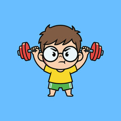 Cute Cartoon Boy with Glasses Lifting Barbell, Showing Effort and Determination in Fitness Training