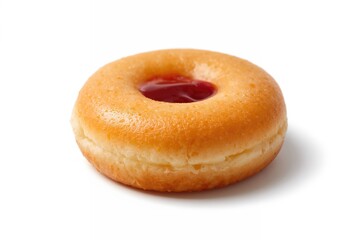 Freshly made jelly-filled doughnut on a plain white backdrop