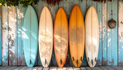 Surfboards Leaning Against Weathered Wall Ready for Surfing