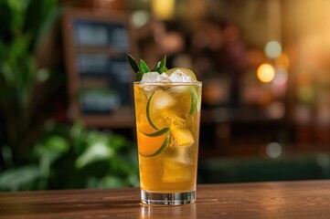 Chilled jasmine tea served with lime wedges in a glass. Refreshing summer beverage or cocktail. DIY fruity iced tea. Cafe or bar menu item.