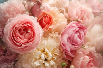 Beautiful blossoms in full bloom. Close-up of roses and various flowers flowering.