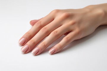 Naklejka premium Close-up of a woman's bare nails against a white backdrop