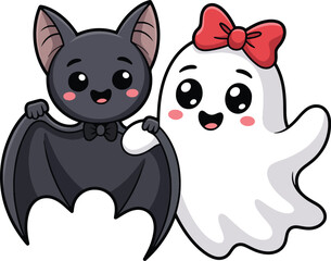 Cute Bat and Ghost Friends – Happy Halloween Cartoon Vector Illustration