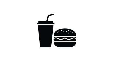 Simple black and white icon depicting a burger and a soft drink