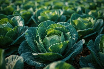 Obraz premium Morning harvest of fresh green cabbage in the fields