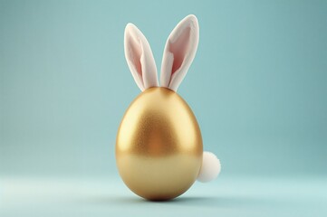 Minimalistic side view of a joyful golden egg featuring bunny ears and a tail on a plain background.