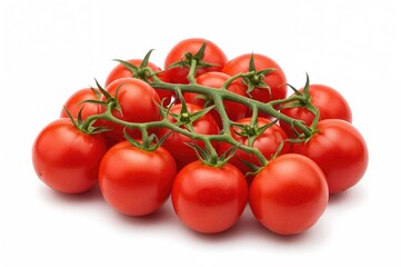 Cluster of ripe red tomatoes with green stems set against a white background, clipping path included.