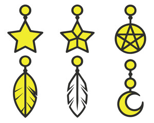 Collection of Yellow Celestial and Nature-Inspired Charms: Stars, Pentagram, Moon, and Feathers