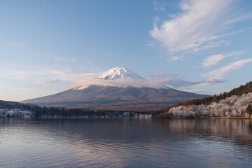 Morning view of a mountain reflected in a serene lake with clouds overhead