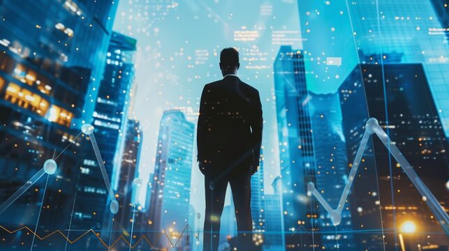 Visionary in the Metropolis: An elegant figure gazes confidently over a futuristic cityscape filled with digital data streams and skyscraper, representing the power of foresight and modern technology.