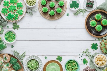 A charming assortment of festive sweets displayed on a rustic white wooden surface for a special celebration, featuring shamrock-shaped cookies.