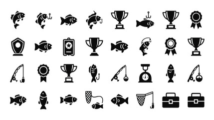 Fishing Icons Pack | Trophy, Fish, Rod, Net, Hook, Award, Scale, Box | Black Silhouette Collection for Anglers, Sport and Hobby Design
