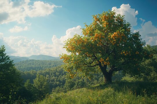 Green jocote fruit tree with sky background in a natural setting