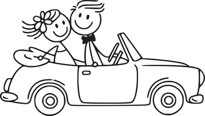 Wedding Car Joy: A playful depiction of a newlywed couple embarking on their journey of marital bliss, joyfully riding in a classic convertible car after the ceremony.