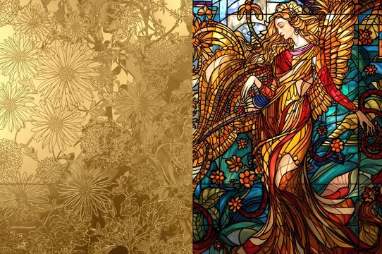 Stained glass design with a golden motif - Powered by Adobe