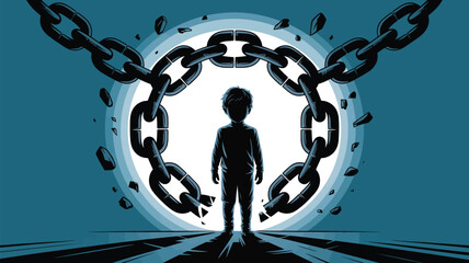 Empowering child breaking free from chains, overcoming adversity and gaining freedom, hope and liberation