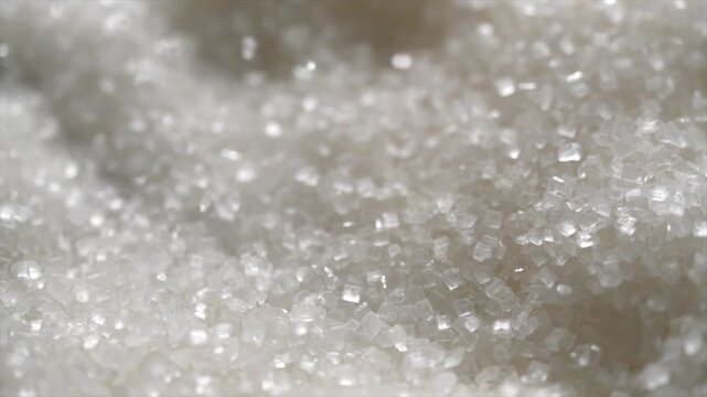 Macro video of sugar particles. close up texture of white sugar.