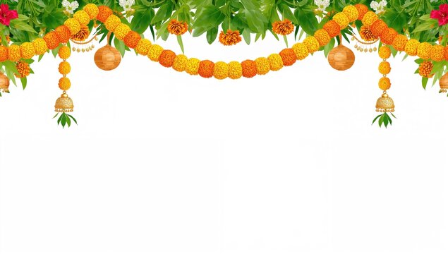 Classic floral garland featuring marigold blossoms and mango foliage, used in Hindu celebrations or nuptials. White background isolated.