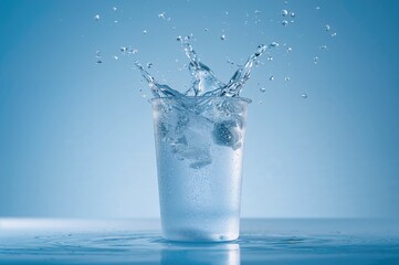 Transparent plastic bottle of mineral water with realistic water splashes and droplets, ideal for promotional use. Blue background included.